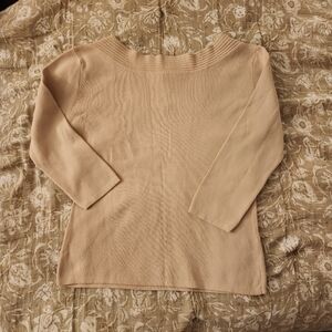 ​Vintage Y2K Boat Neck Knit Top Sweater 3/4 Sleeve Tan M Cream Beige